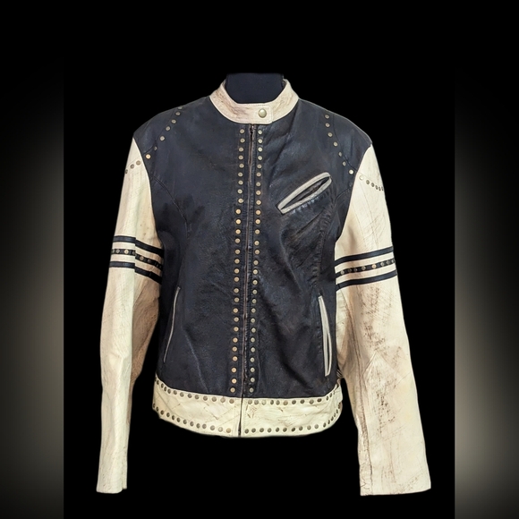 wilfred Leather maxima Jackets & Blazers - SOLD VintageBlack and Cream Studded Genuine Jacket Fluer de Lis